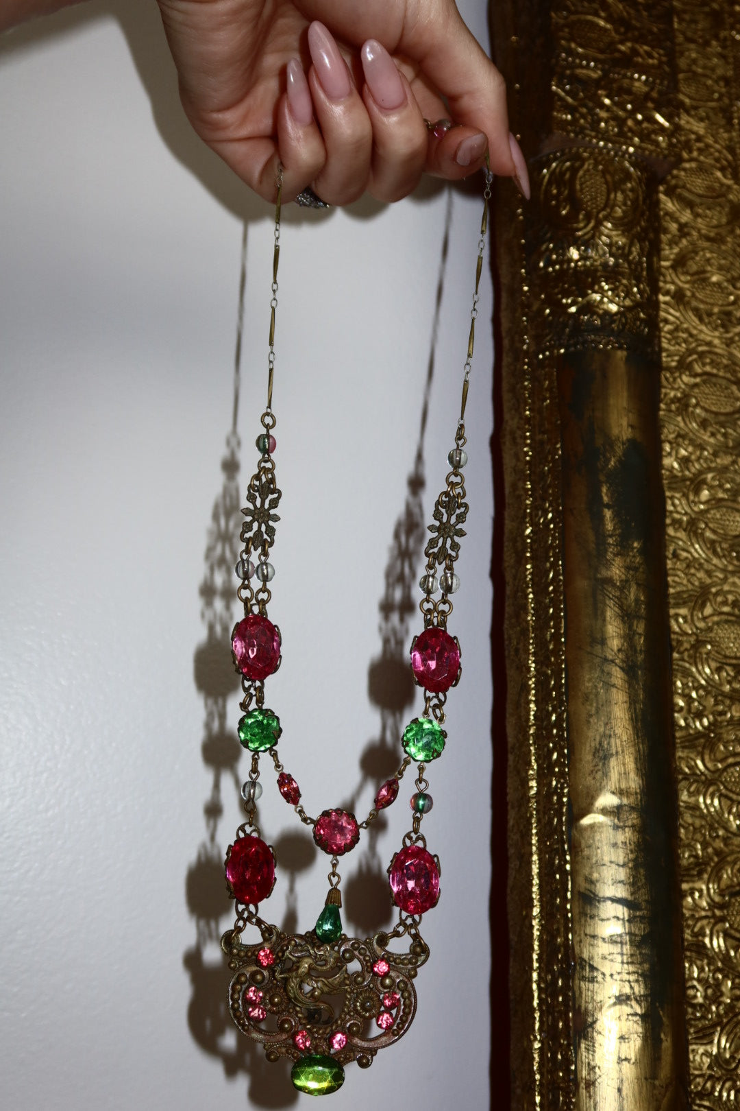 Vintage Czech Dragon Necklace, Pink & Green Bib, Bohemian Art Deco