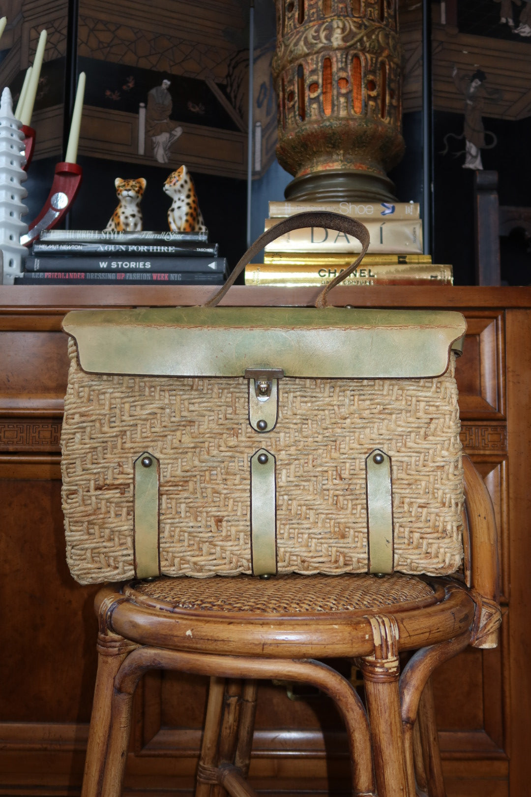 Vintage 1960s Woven Straw & Green Leather Briefcase Handbag