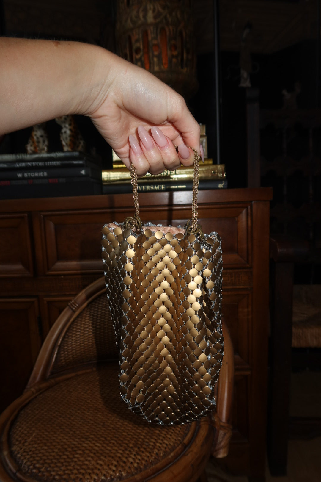 Whiting & Davis Gold Mesh Drawstring Evening Bag, 1940s Vintage