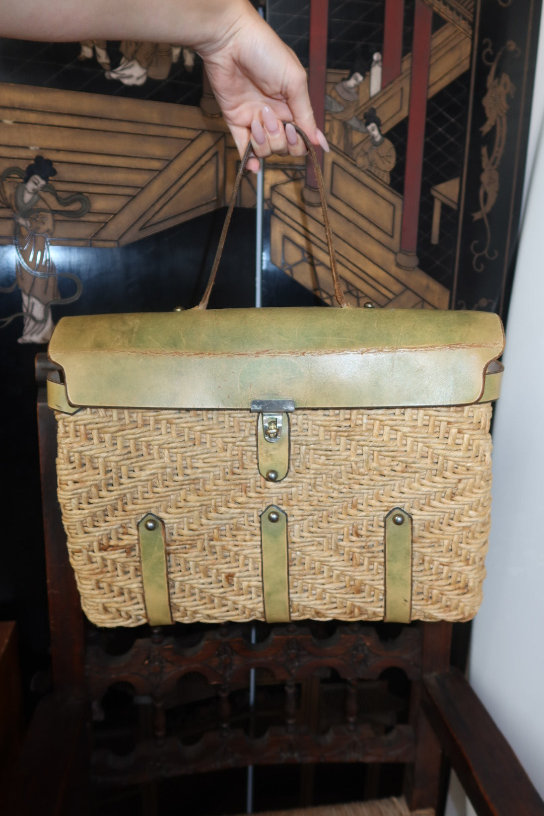 Vintage 1960s Woven Straw & Green Leather Briefcase Handbag