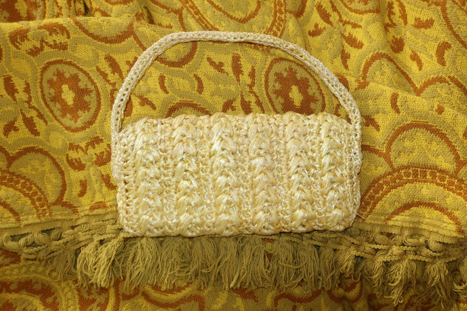 Vintage 1960s Butter Yellow Crochet Raffia Handbag Straw Flap Purse