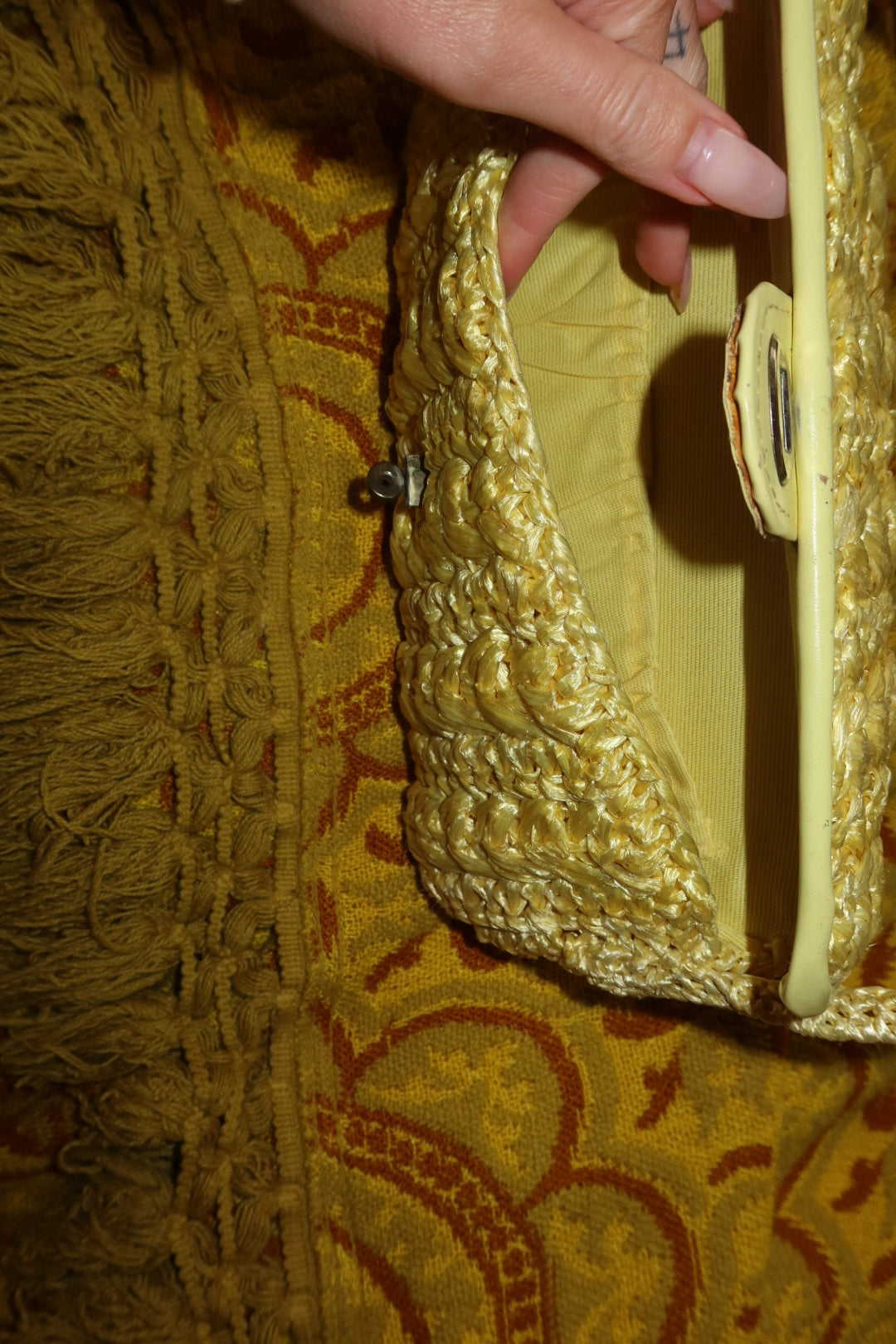 Vintage 1960s Butter Yellow Crochet Raffia Handbag Straw Flap Purse