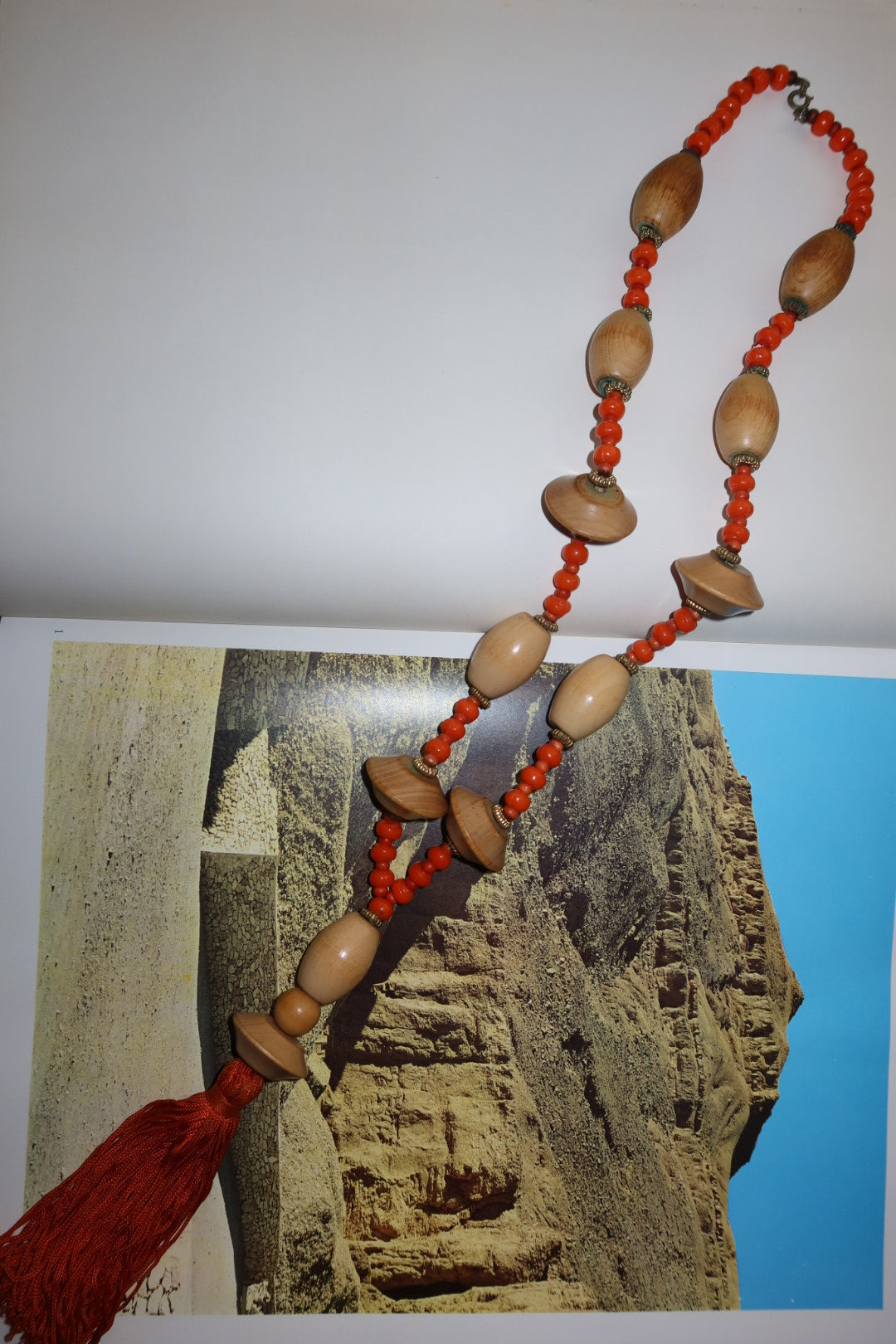 Vintage Wood Bead Tassel Necklace Sautoir