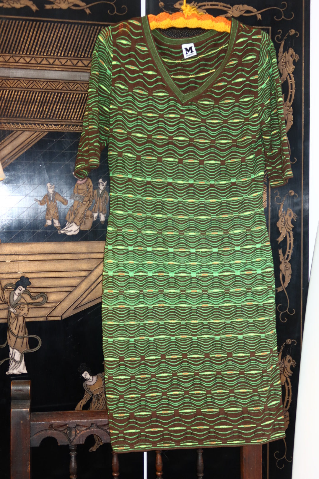 M Missoni Knit Dress Green Brown Wave Pattern V Neck 3/4 Sleeve Midi Made in Italy Size Medium