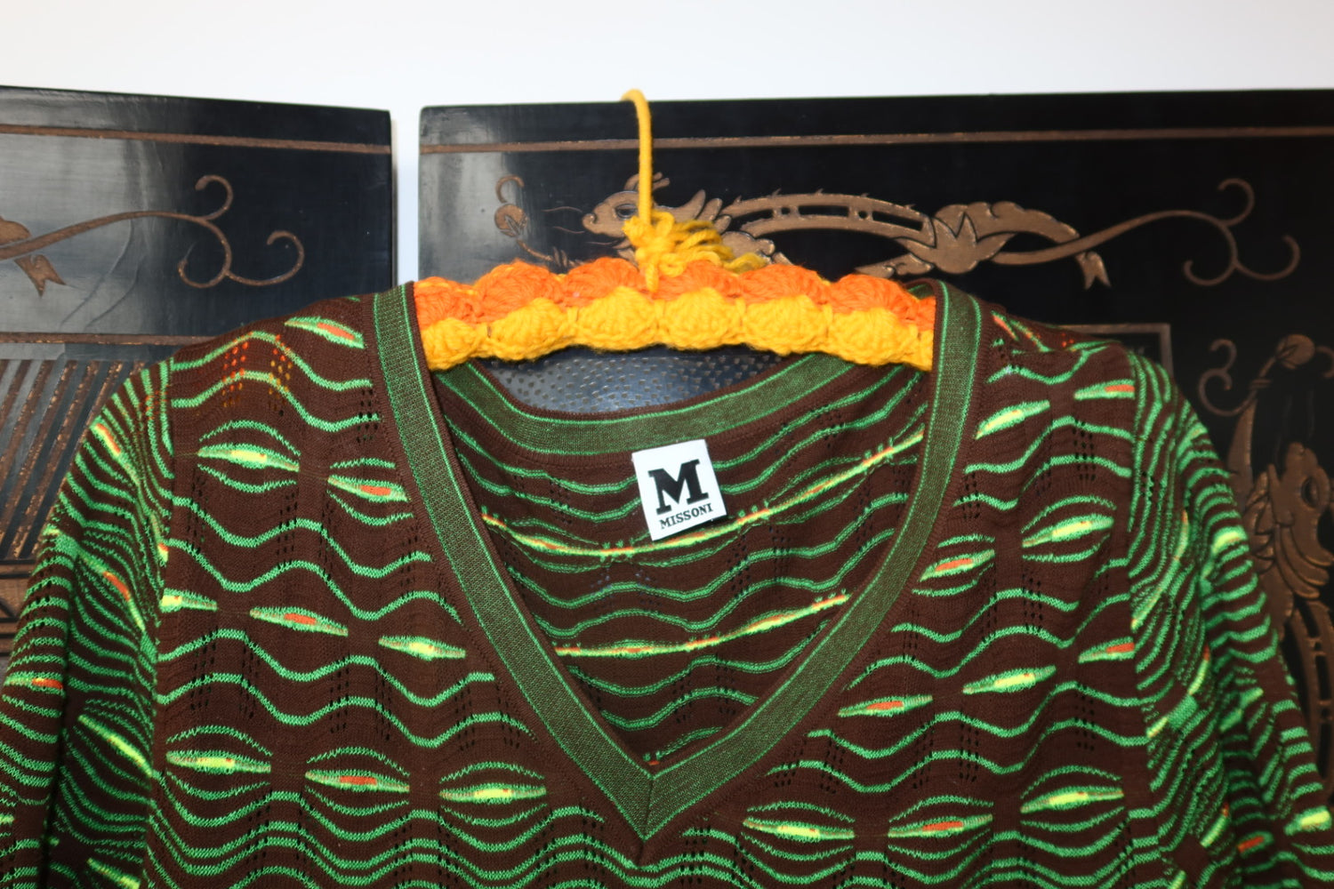 M Missoni Knit Dress Green Brown Wave Pattern V Neck 3/4 Sleeve Midi Made in Italy Size Medium