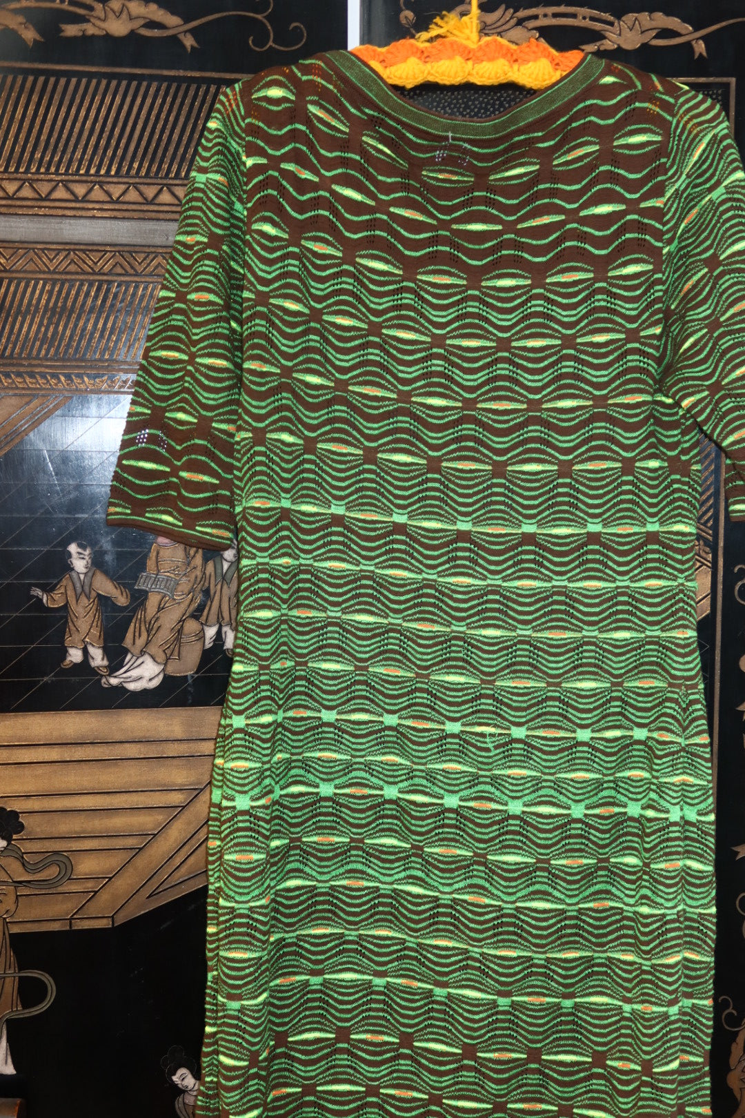 M Missoni Knit Dress Green Brown Wave Pattern V Neck 3/4 Sleeve Midi Made in Italy Size Medium