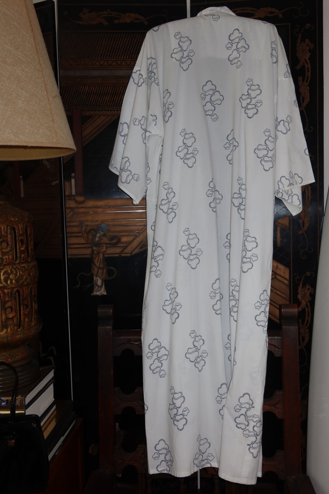 Vintage Japanese Cotton Robe, White Blue Cloud Print with Wide Sleeves