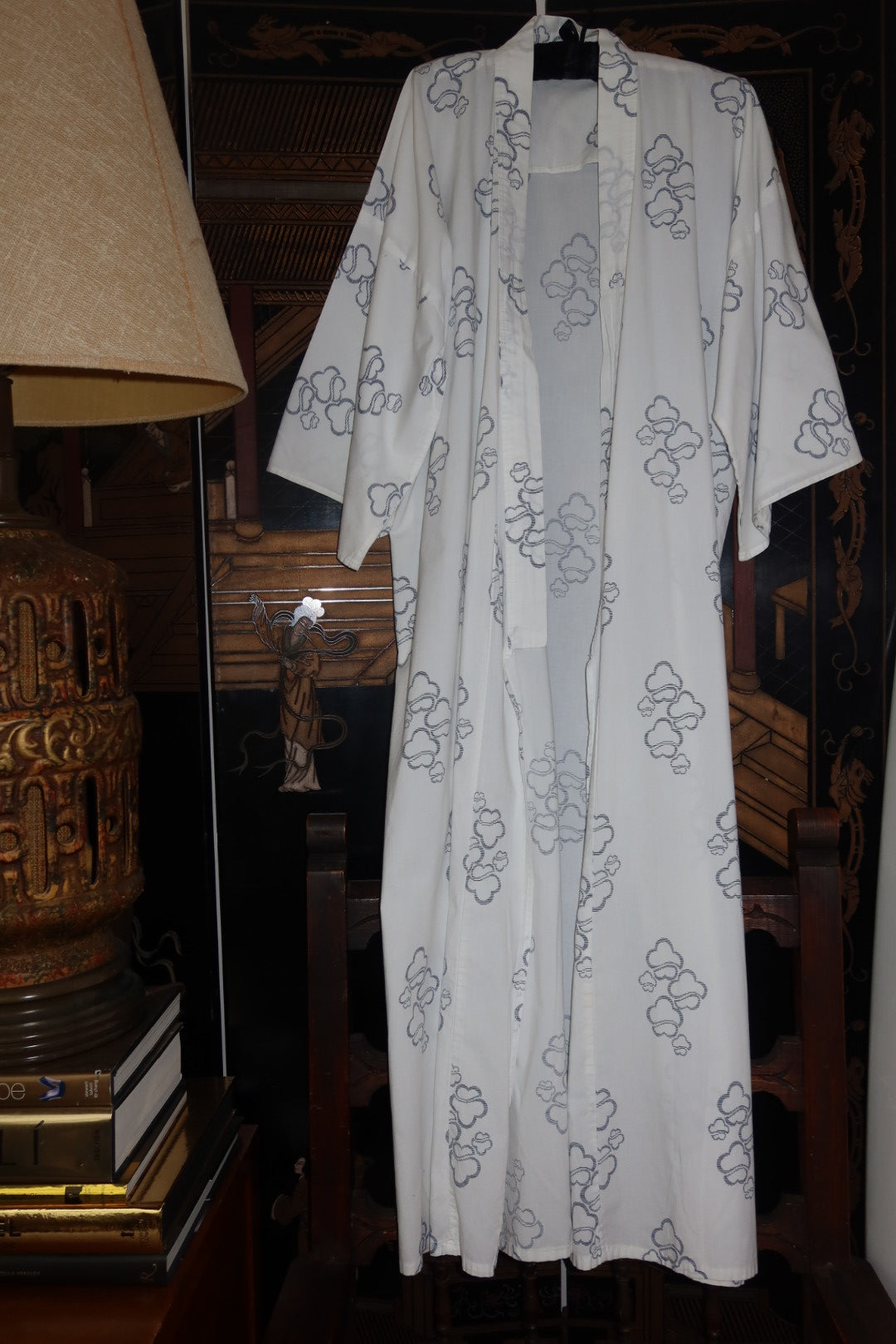 Vintage Japanese Cotton Robe, White Blue Cloud Print with Wide Sleeves
