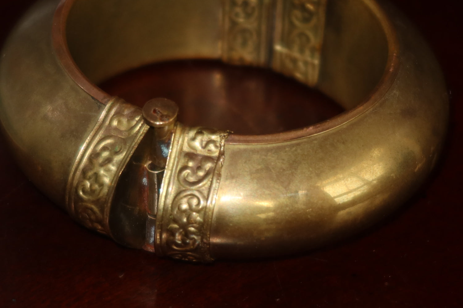 Vintage Brass Hinged Bangle Bracelet, Embossed Scrollwork, Pull Pin Closure