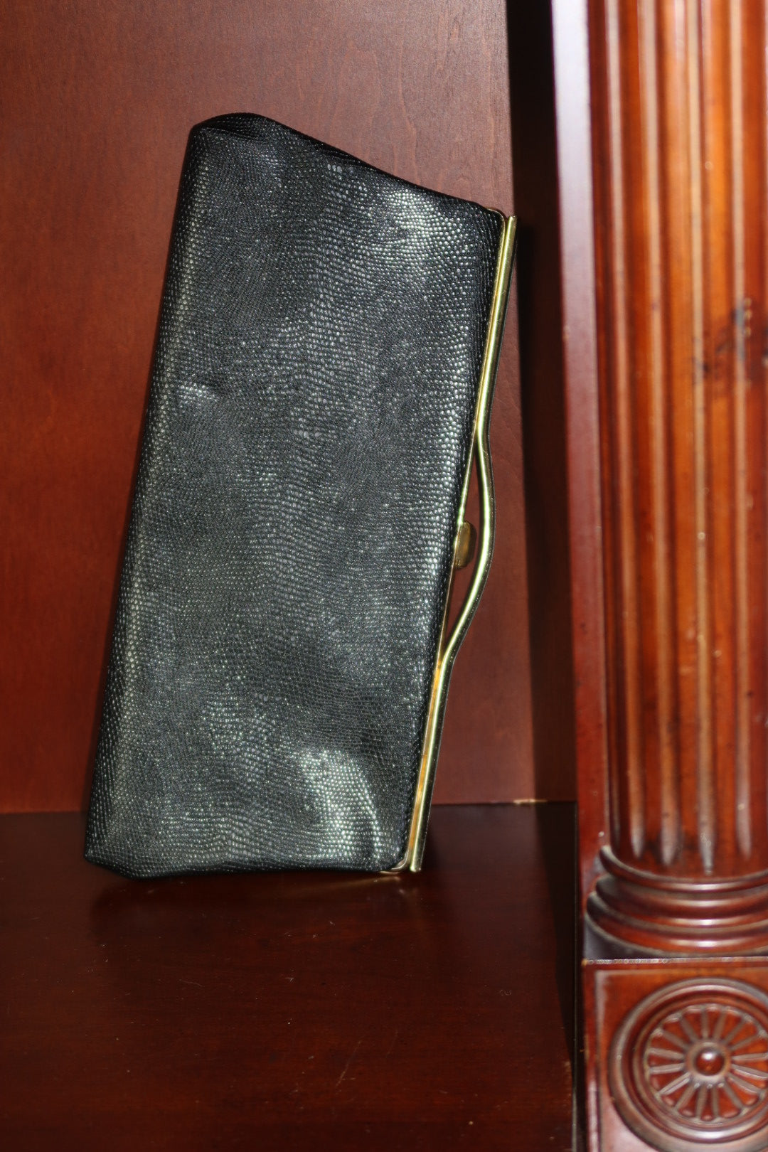 Vintage Black Reptile-Embossed Frame Clutch, Gold-Tone Frame Evening Bag