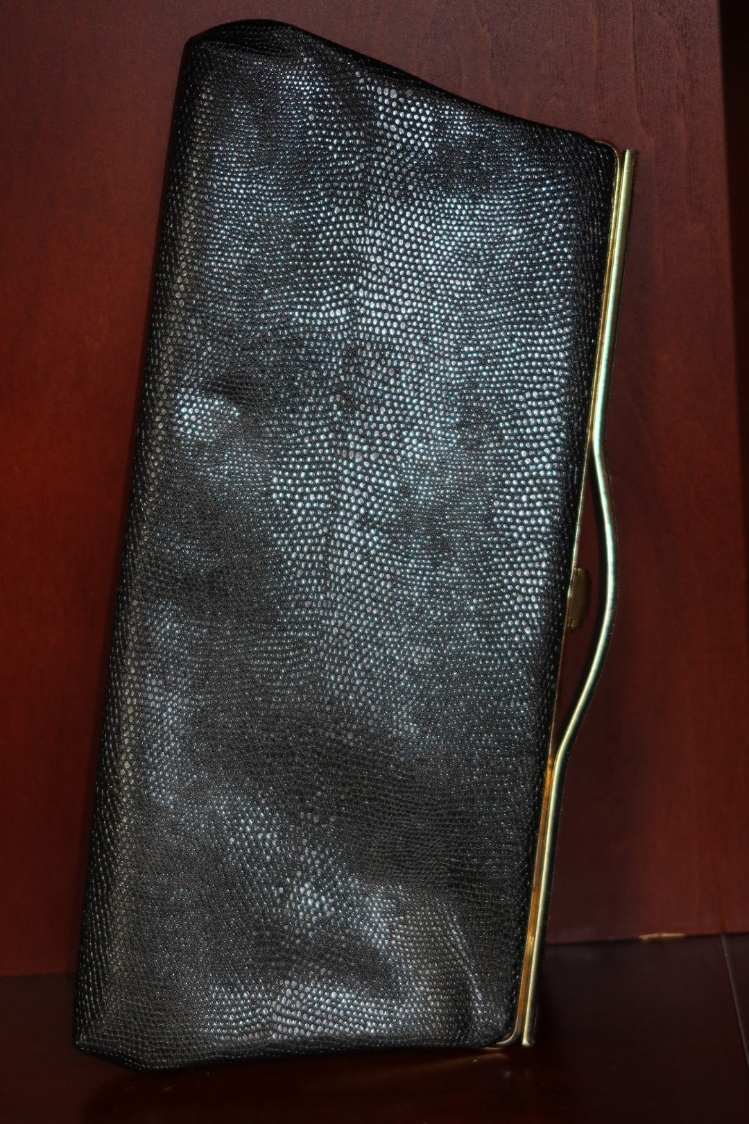 Vintage Black Reptile-Embossed Frame Clutch, Gold-Tone Frame Evening Bag