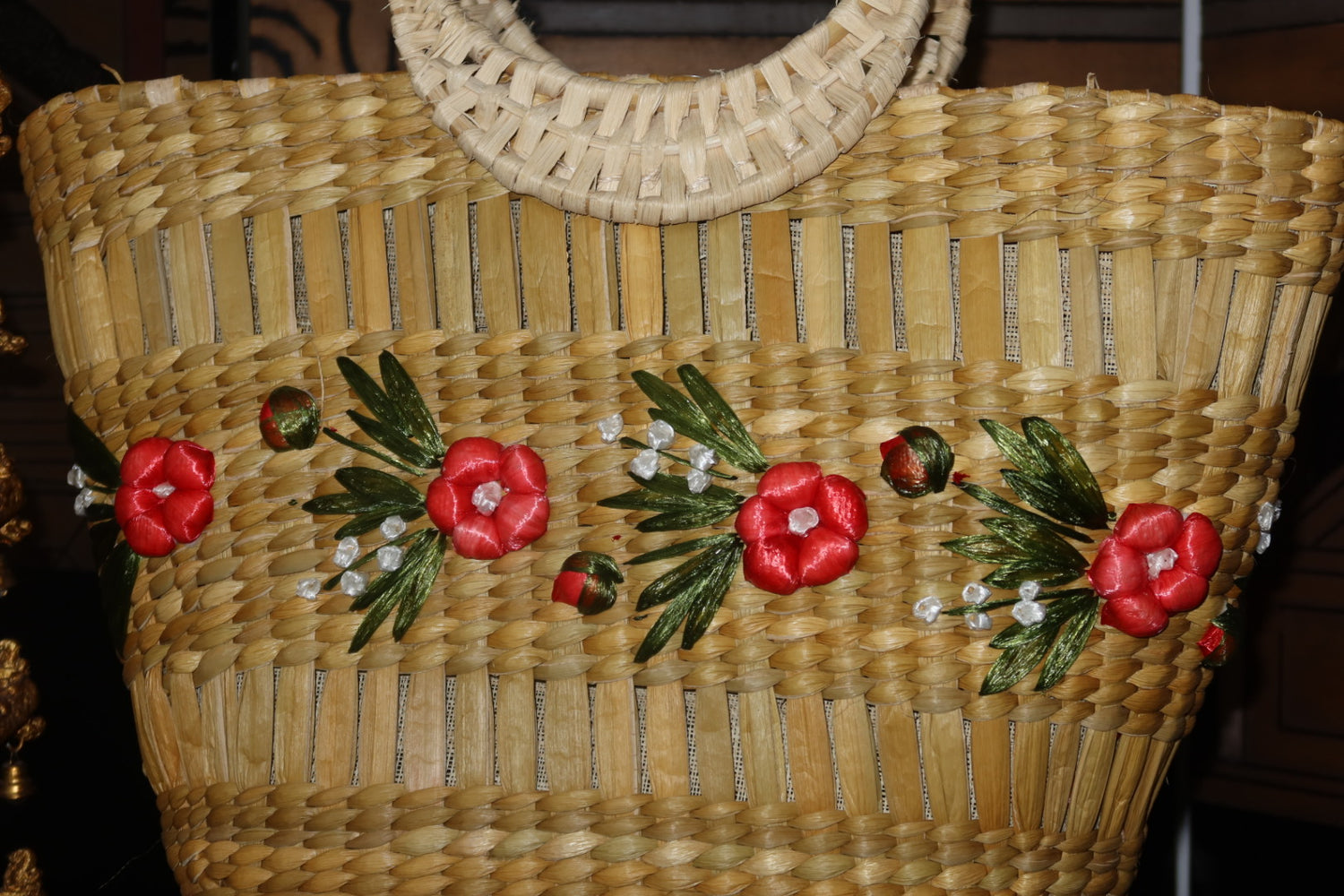Vintage Woven Straw Basket Tote Embroidery Flowers Ring Handles