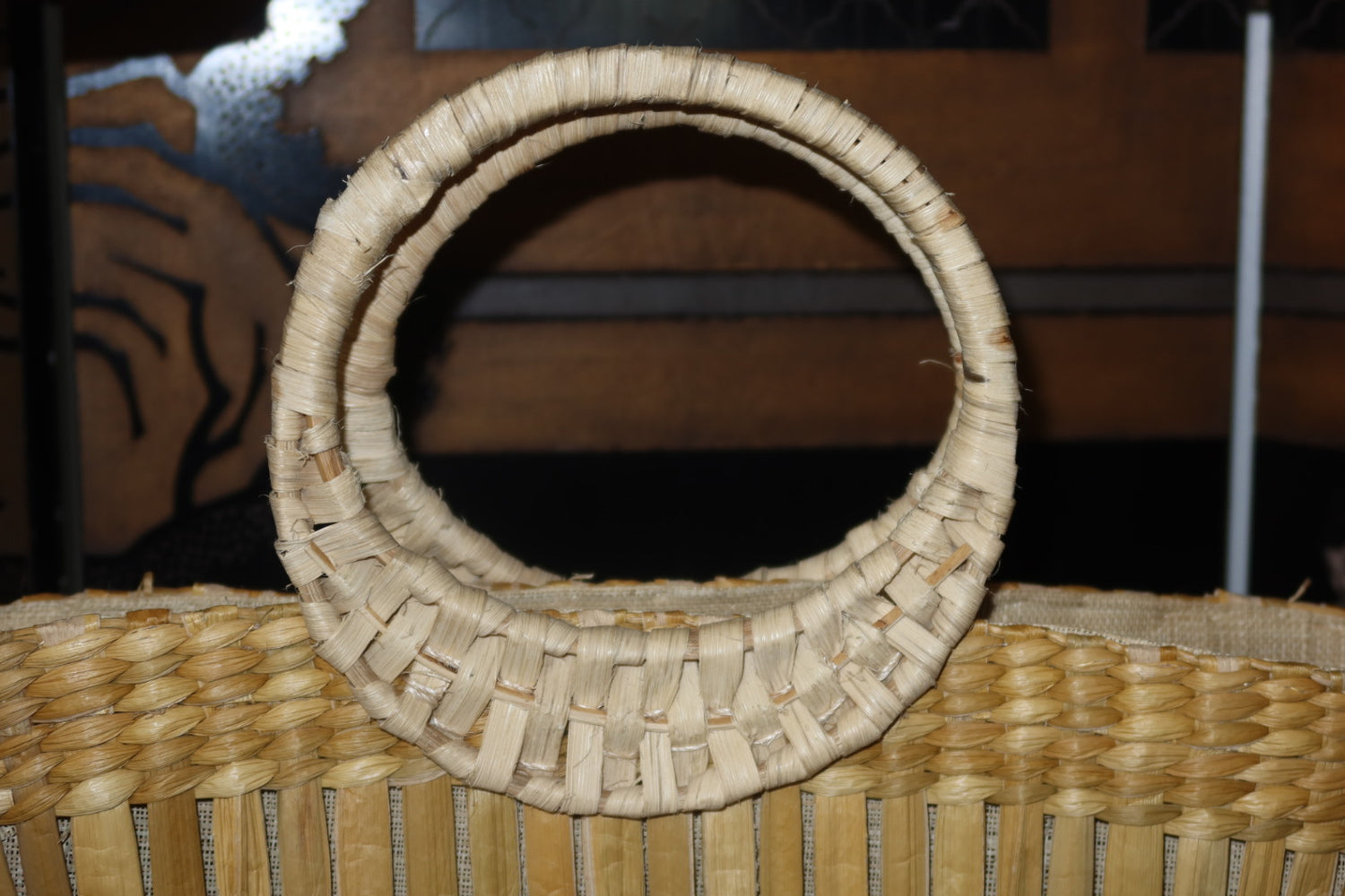 Vintage Woven Straw Basket Tote Embroidery Flowers Ring Handles