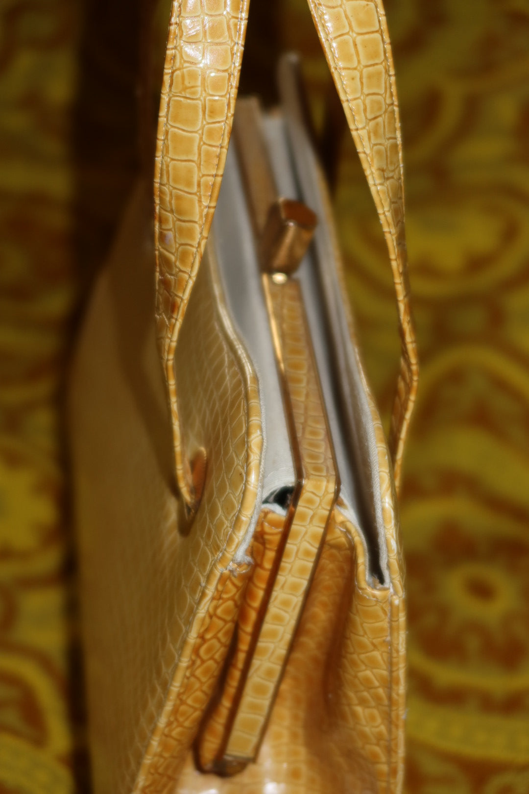 Vintage Croc-Embossed Leather Frame Handbag Yellow Top Handle Kiss-Lock Purse