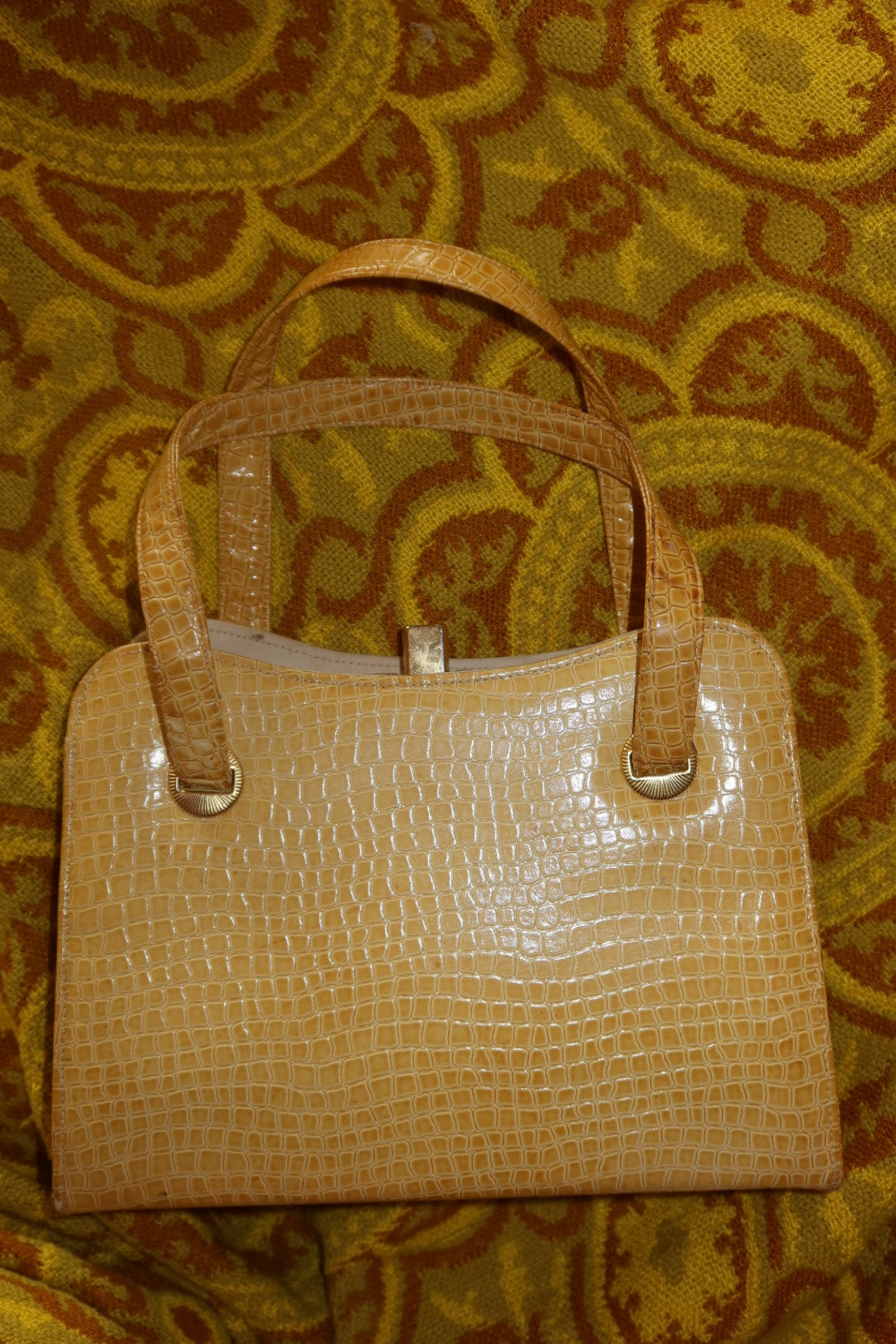 Vintage Croc-Embossed Leather Frame Handbag Yellow Top Handle Kiss-Lock Purse