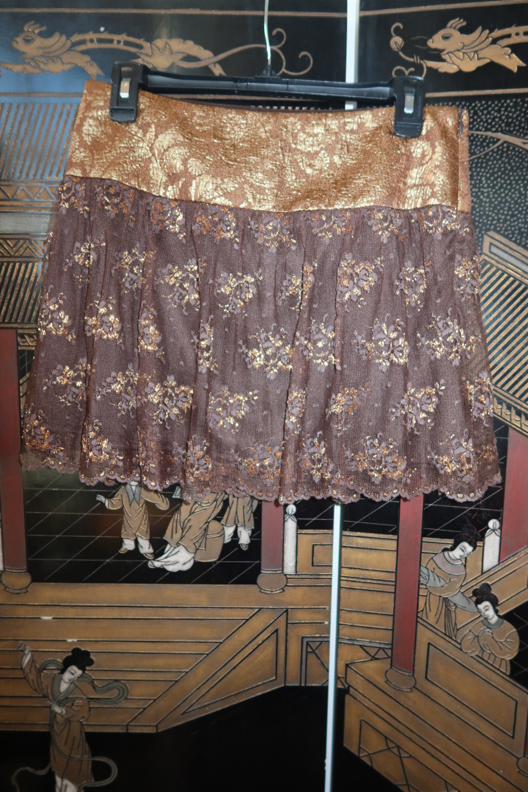 Marciano Metallic Gold and Brown Lace Mini Skirt