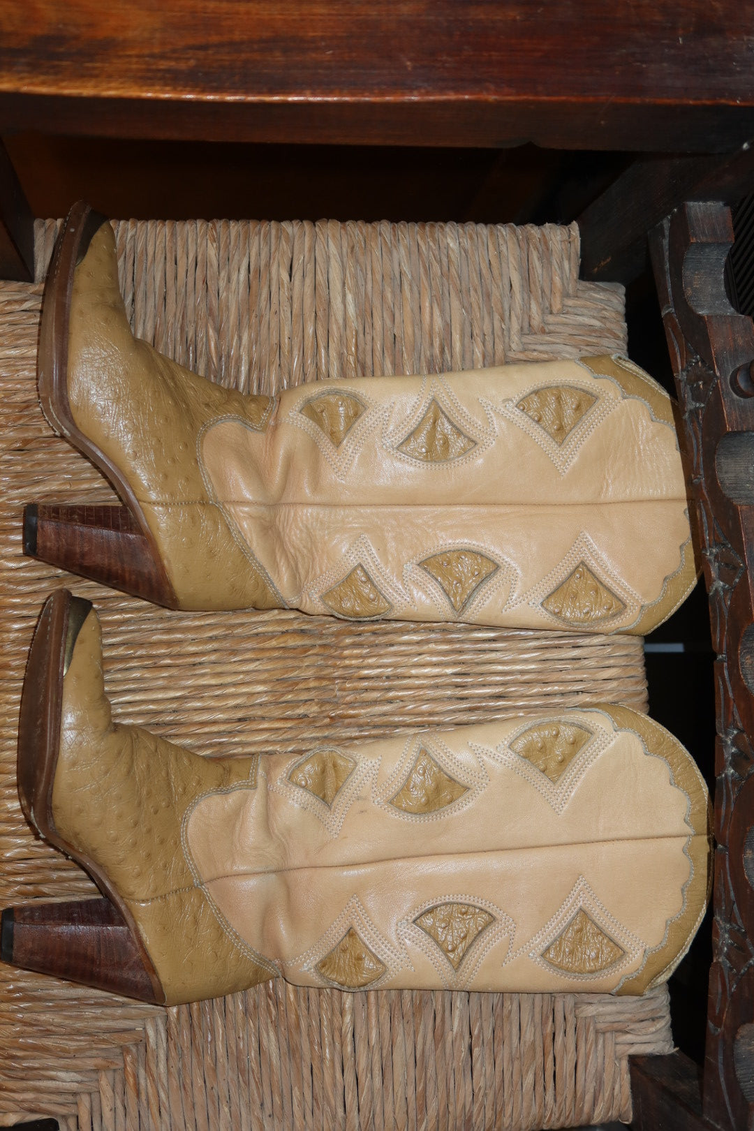 Vintage 80s Zodiac Cowboy Boots Tan Ostrich Embossed Brass Toe