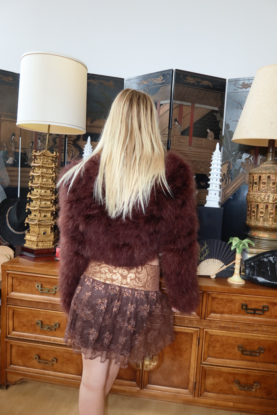 Marciano Metallic Gold and Brown Lace Mini Skirt