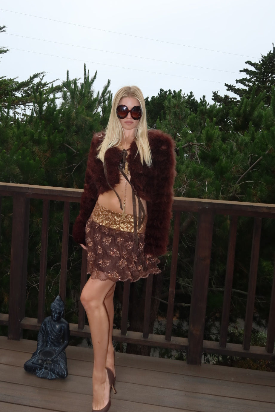 Marciano Metallic Gold and Brown Lace Mini Skirt