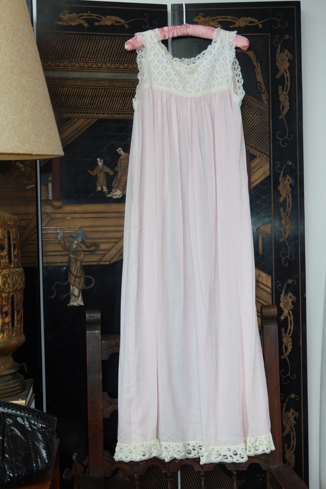 Vintage Saks Fifth Avenue Slip Dress Pink Lace Yoke Empire Maxi