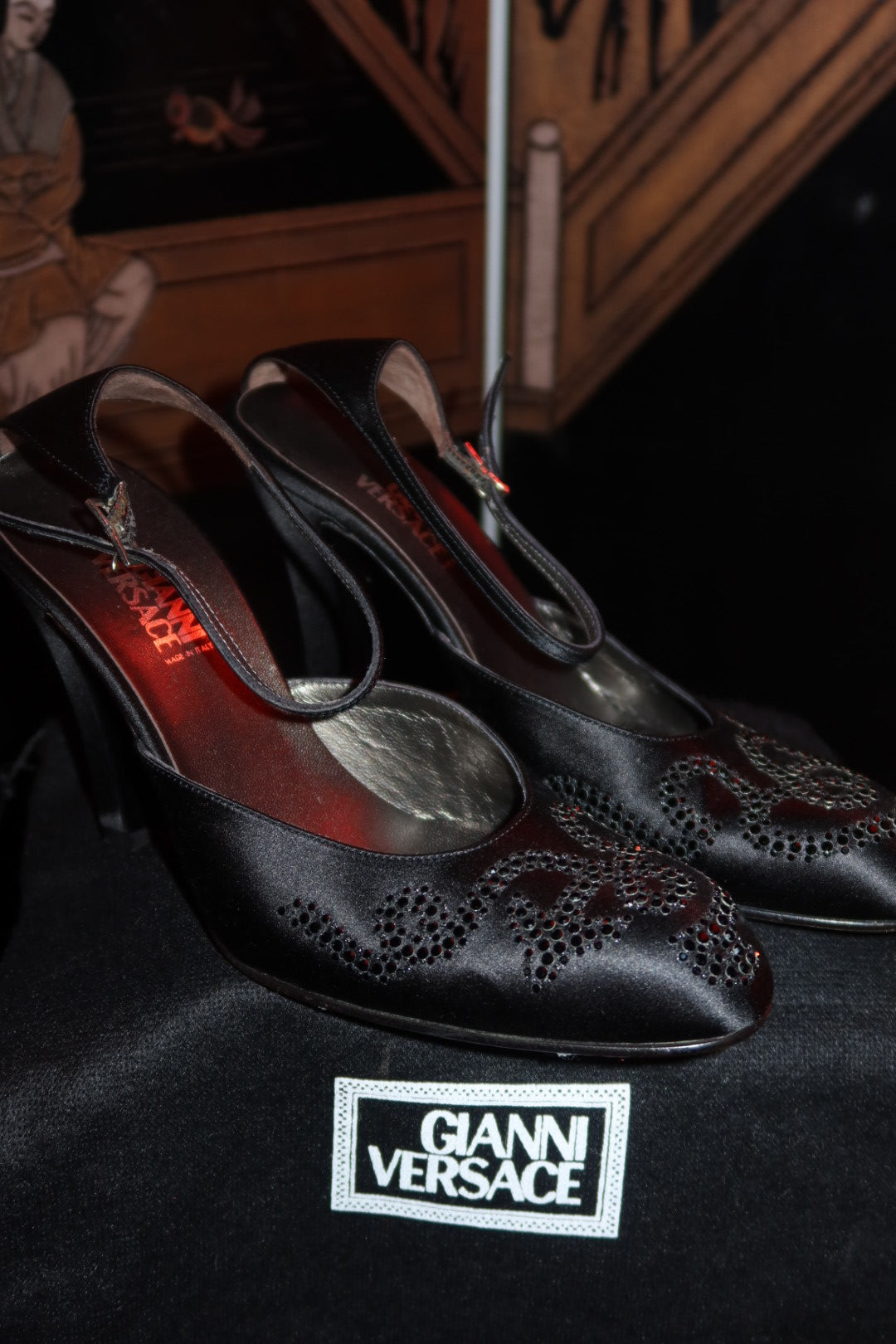 Vintage 90s Gianni Versace Black Satin Crystal Slingback Heels