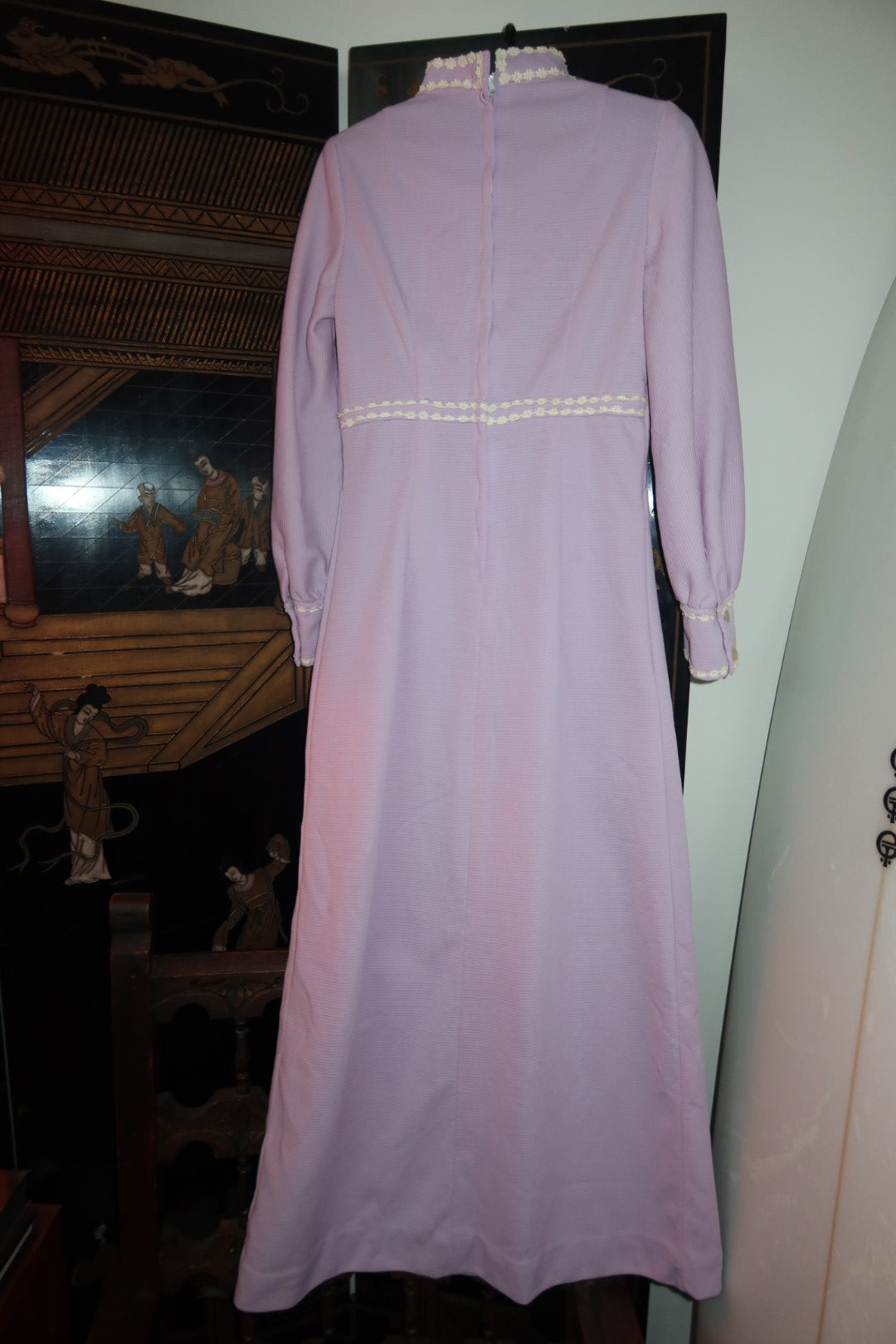 Vintage 60s 70s Lavender Maxi Dress with Daisy Trim and Bow
