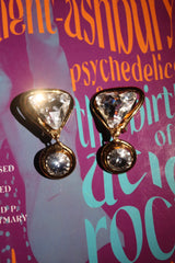 1980s Gold Tone Triangular Crystal Rhinestone Drop Clip Earrings