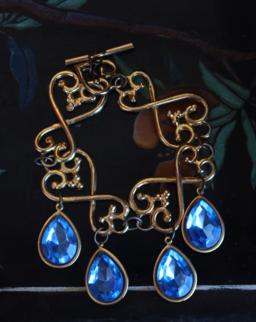 Vintage Gold Tone Blue Glass Drop Bracelet, Victorian Revival Style