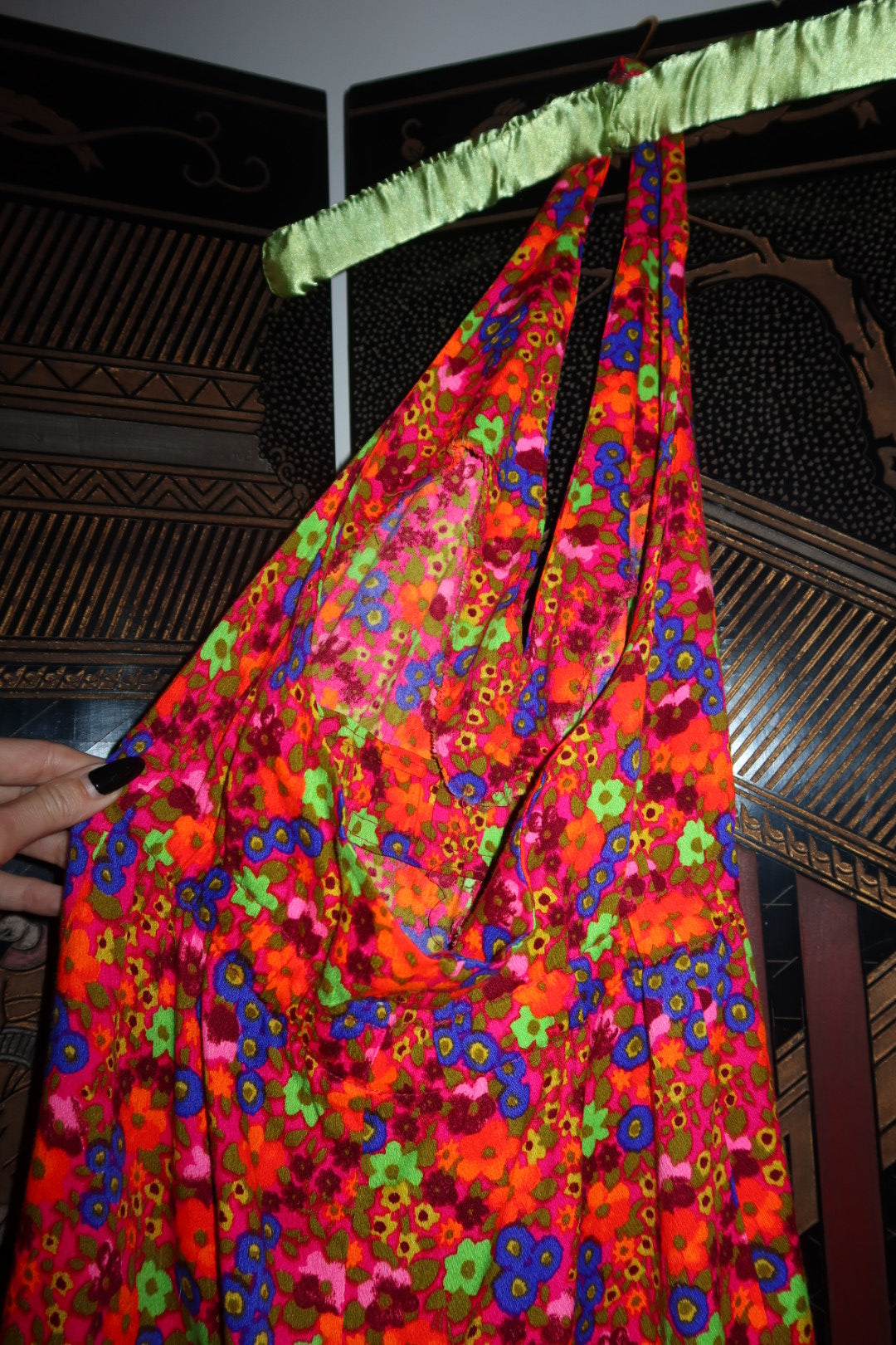Vintage 60s 70s Neon Floral Psychedelic Halter Maxi Dress