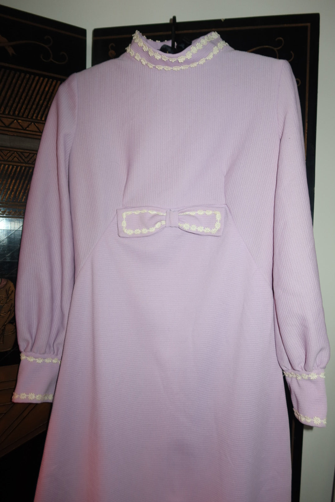 Vintage 60s 70s Lavender Maxi Dress with Daisy Trim and Bow