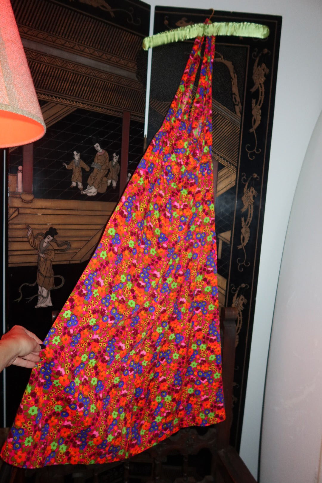Vintage 60s 70s Neon Floral Psychedelic Halter Maxi Dress