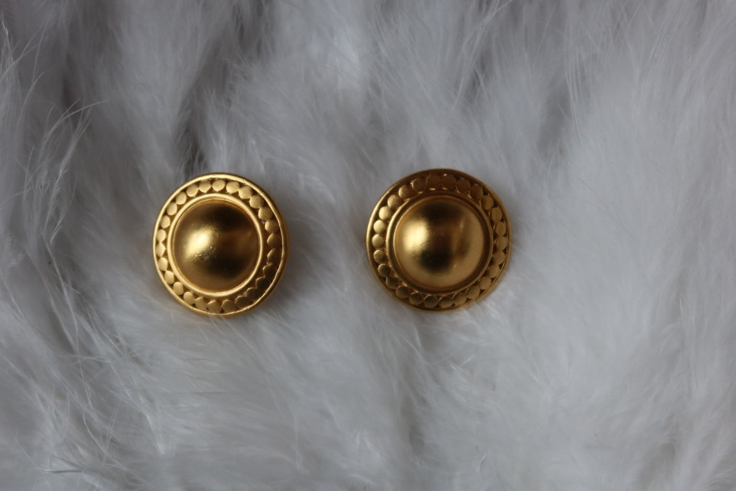 Vintage Matte Gold Domed Button Clip Earrings with Dotted Border Detail