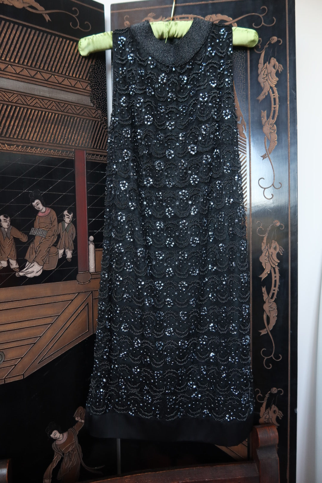 Vintage 1960s Regalia Imports Black Beaded Sequin Lace Shift Dress