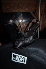 Vintage 90s Gianni Versace Black Satin Crystal Slingback Heels