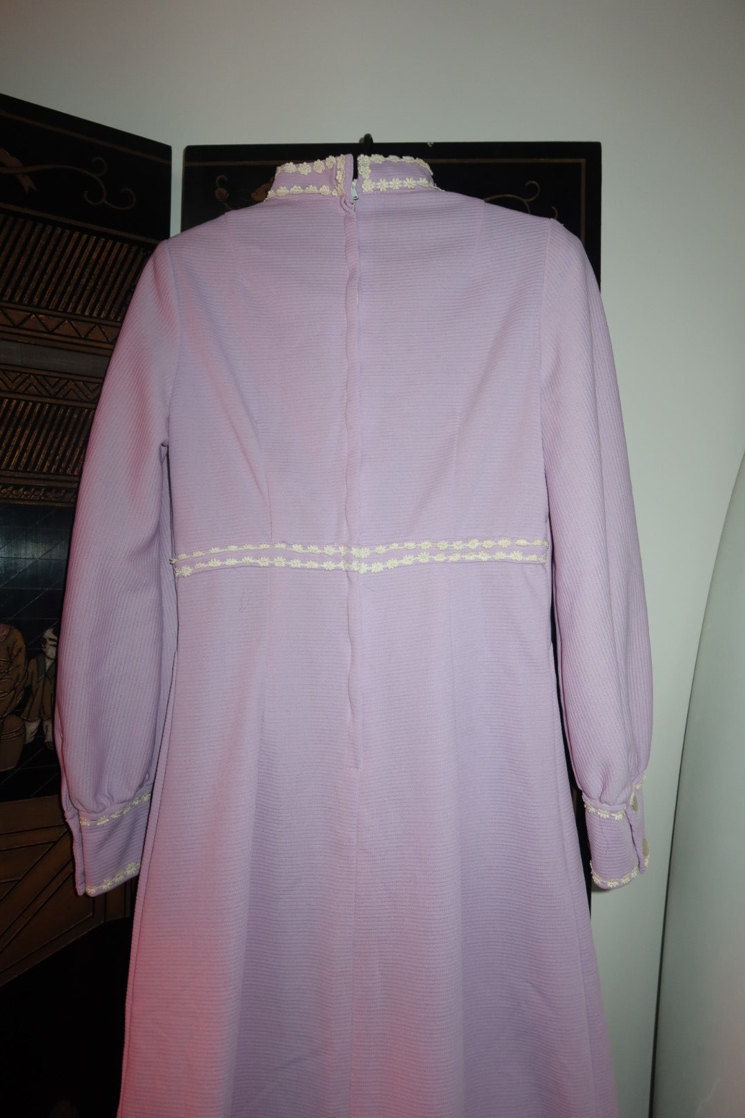 Vintage 60s 70s Lavender Maxi Dress with Daisy Trim and Bow