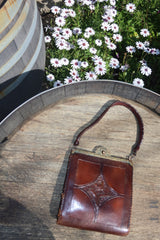 1920s Antique Tooled Leather Handbag Art Nouveau Kiss Lock Chestnut
