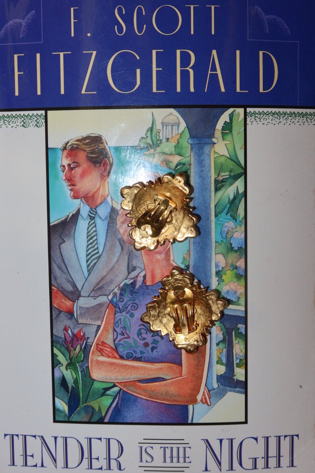 1980s Gold Tone Baroque Scrollwork Blue Cabochon Clip Earrings
