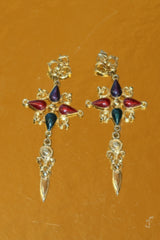 Renaissance Revival Gold Cross Dagger Earrings Purple Red Teal