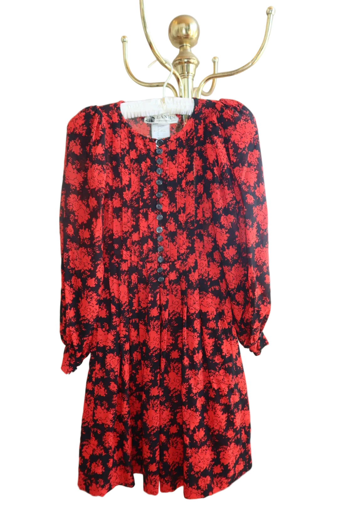 1970s Lanvin Paris Boutique Red Black Floral Wool Dress