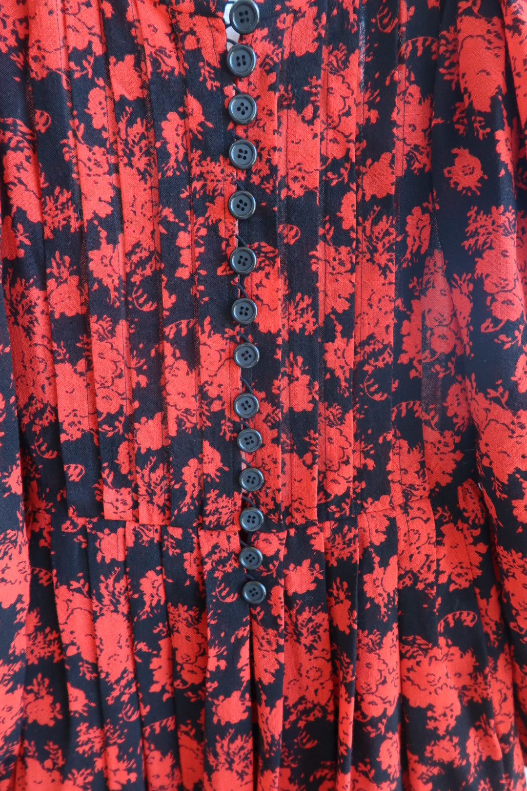 1970s Lanvin Paris Boutique Red Black Floral Wool Dress