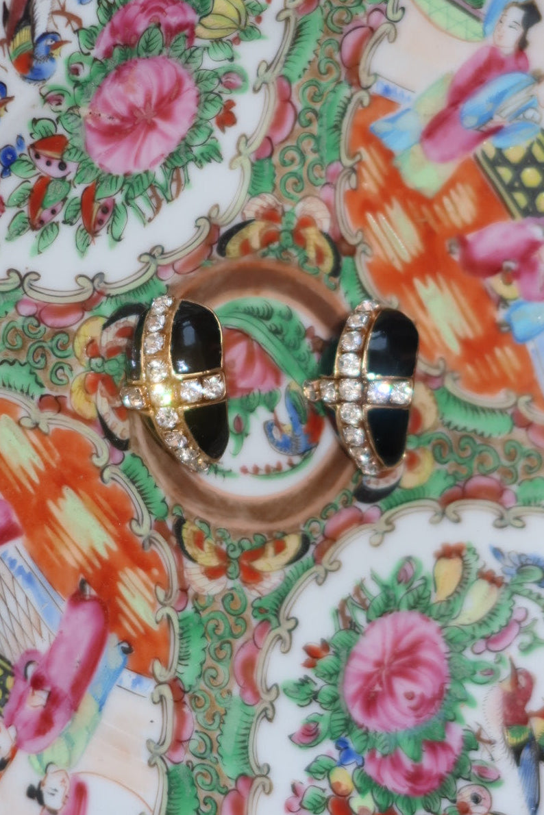 Vintage Black Enamel and Pavé Rhinestone Crossbar Clip Earrings