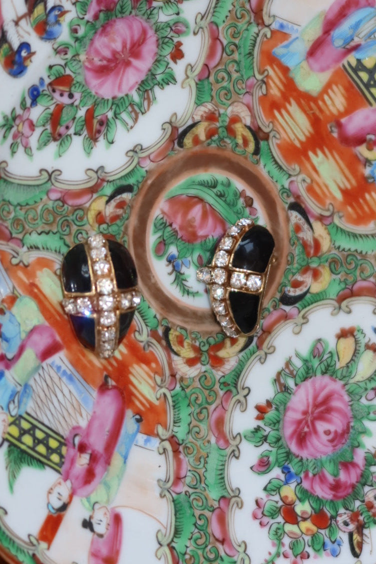 Vintage Black Enamel and Pavé Rhinestone Crossbar Clip Earrings