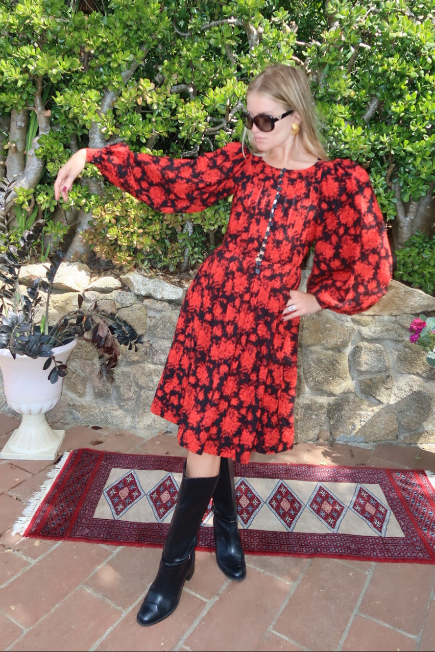 1970s Lanvin Paris Boutique Red Black Floral Wool Dress