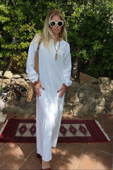 White Kaftan Maxi Dress Red Chevron Embroidery Trim Bohemian Resort Gown