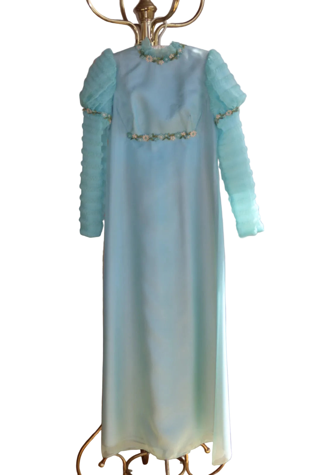 1970s Victorian Revival Maxi Gown Seafoam Mint Smocked Sleeves Daisy Trim