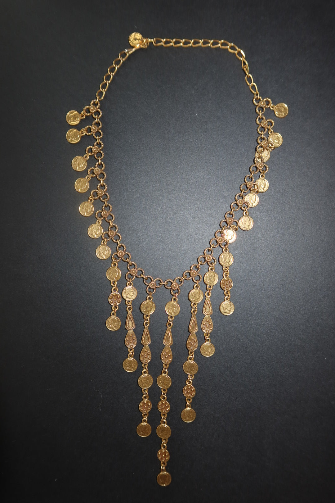 Vintage Gold Tone Roman Coin Cascade Bib Necklace