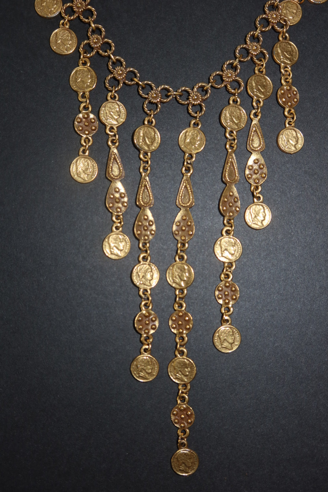 Vintage Gold Tone Roman Coin Cascade Bib Necklace