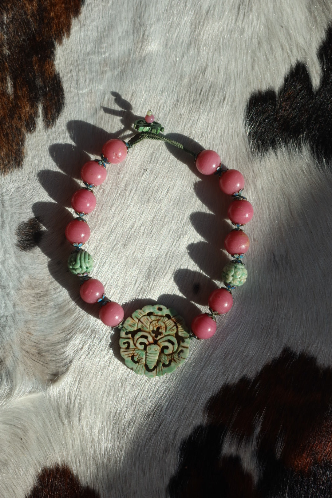 Vintage Carved Chinese Jasper and Pink Stone Necklace