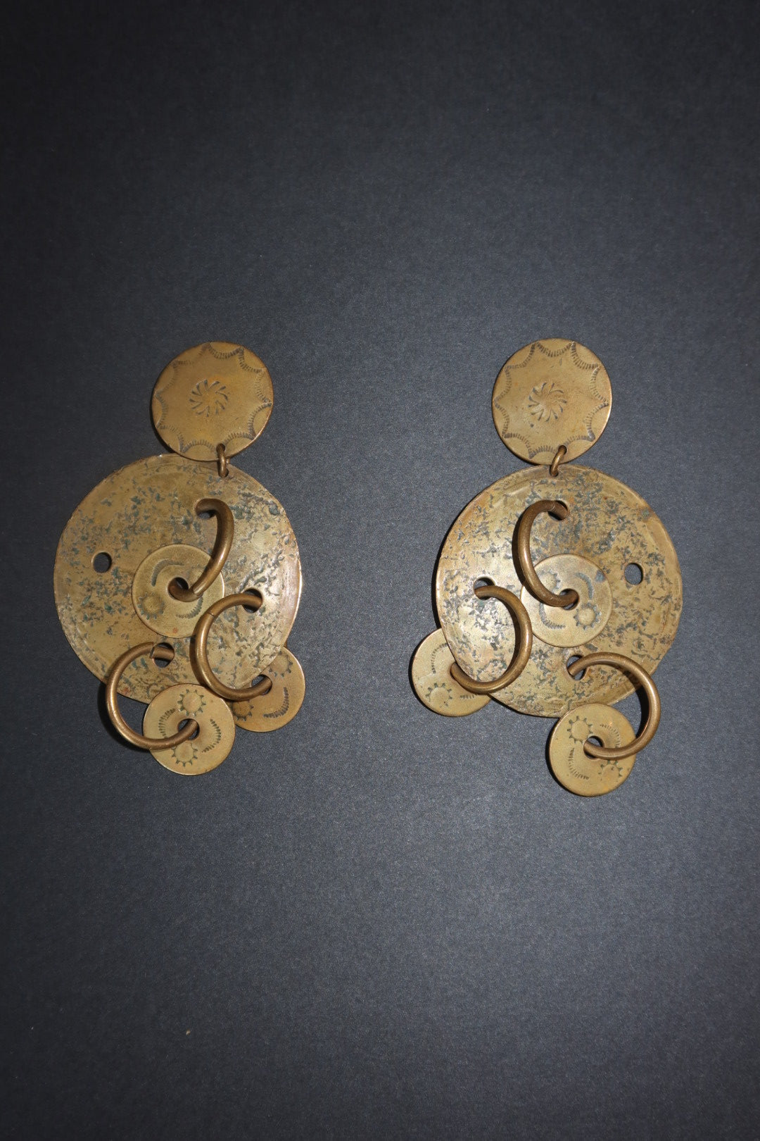 Marjorie Baer SF Vintage Brass Stacked Disc Scroll Clip Earrings