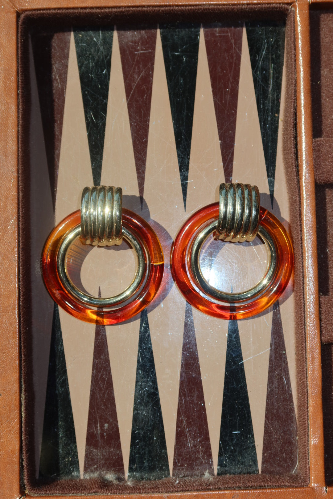 Vintage Amber Lucite Gold Tone Double Hoop Door Knocker Earrings